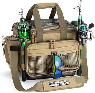 Ghosthorn Fishing Tackle Bag with Rod Holder Saltwater & Freshwater Resistant Large Tackle Box Bag - Waterproof Base, Adjustable Padded Shoulder Strap (Khaki)