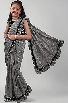 Kids Girls Lycra Blend Saree With Unstitched Sequence Blouse Piece (3-4 yrs to 11-12 yrs) (Grey, 8-9 Years - L)