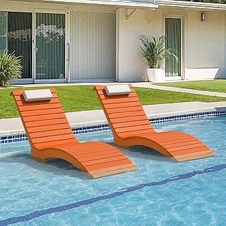 Pool Lounge Chairs Outdoor Set of 2，HDPS Long Pool Chairs for in Pools, Weighted All Weather Tanning Chair with Headrest，Chaise Lounge for Outside Beach Patio Sun Bathing Hotel, Orange