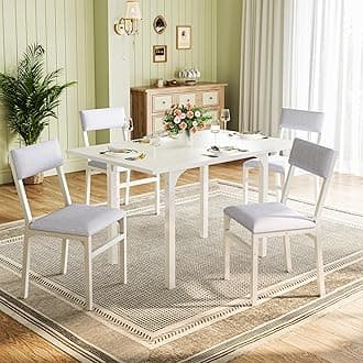 HUAHUU Dining Table Set for 4, Extendable Kitchen Table Cushion Chairs Set of 4, Rectangle Dining Table with Metal Frame & MDF Board, Folding for Small Apartment Saving Space, White