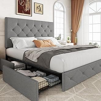 Allewie Upholstered Full Size Platform Bed Frame with 4 Storage Drawers and Headboard, Diamond Stitched Button Tufted, Mattress Foundation with Wooden Slats Support, No Box Spring Needed, Light Grey