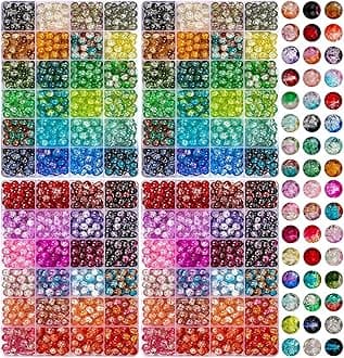 XSEINO 2400 Pieces 8mm Crack Glass Beads for Jewelry Making,48 Dazzling Colors Round Glass Beads for Making and DIY Crafts