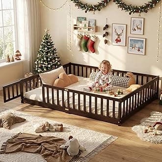 Queen Floor Bed with Safety Guardrails for Kids, Rubber Wood Montessori Bed with Slats and Convertible Door,Queen Size Bed Frame for Girls and Boys,No Box Spring Needed,Espresso