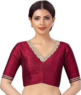 Studio Shringaar Women's Readymade Silky Saree Blouse Elbow Length Sleeves with Embroidered Neck Choli
