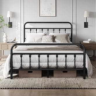 Yaheetech 4ft6 Double Bed Frame Vintage Iron Platform Bed with High Headboard and Footboard, Strong Metal-Framed Bed with Storage Black