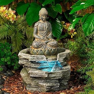 Sitting Buddha 21" High Large Zen Asian Indoor Outdoor Decor Faux Stone Floor Fountain with Light LED Standing Waterfall Water Feature for Outside Garden Patio Yard Backyard Porch - John Timberland