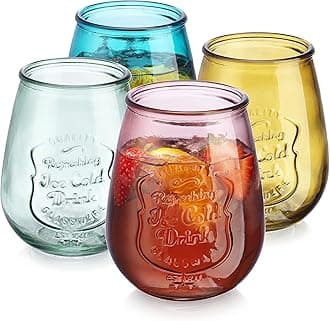 Stemless Wine Glasses Set of 4 – 21oz Assorted Colored Wine Tumblers– Unique Embossed Logo, Vintage Cute Wine Glasses for, Beer, Juice, Cocktails, Fresh Drinks, Beverages, and more.