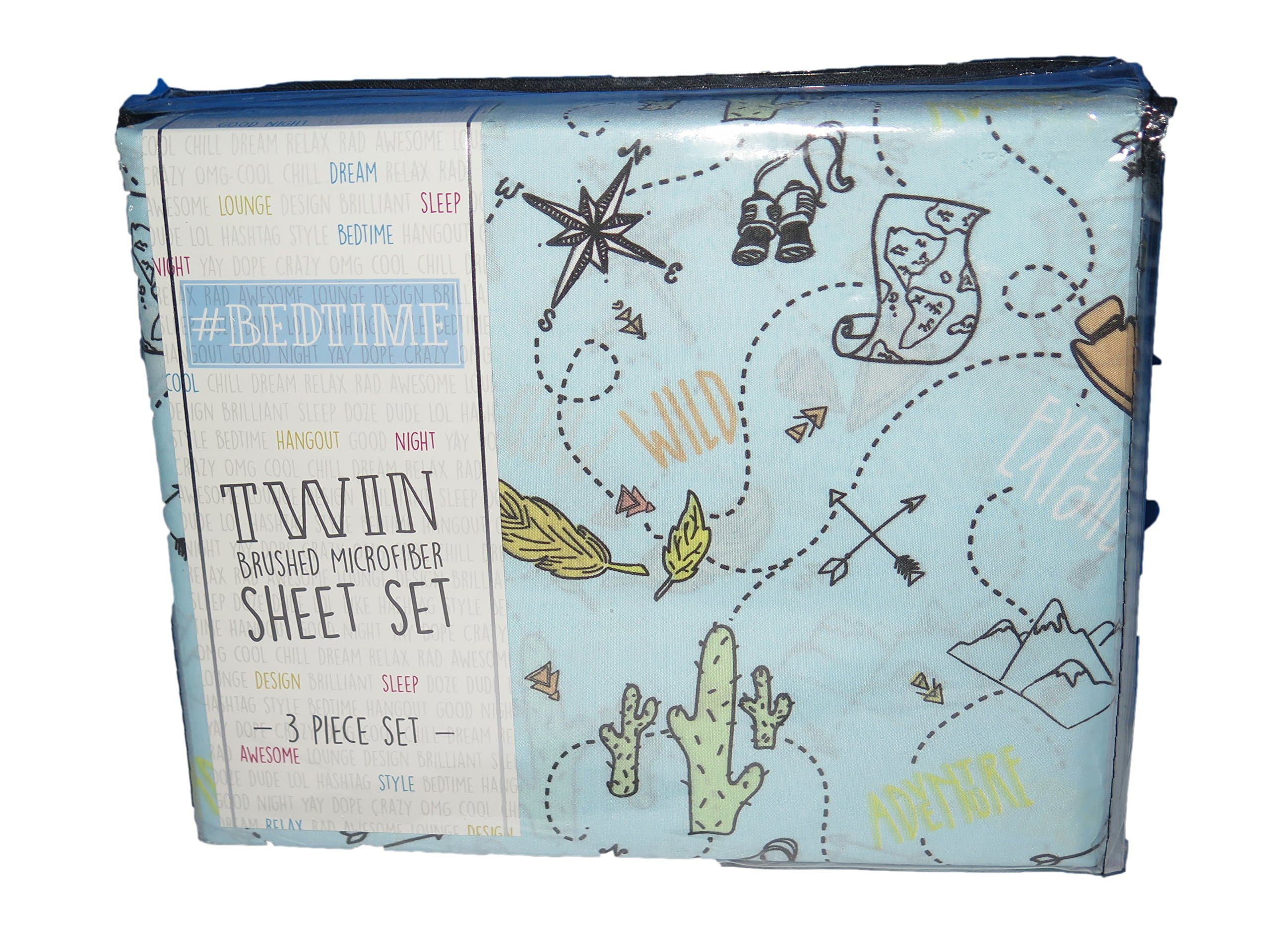 Bed time Adventure Map Wild Print Blue Twin 3 Pc Sheet Set