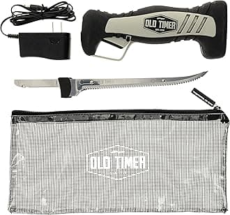 Old Timer Cordless Electric Fillet Knife with 8in Fully Serrated Stainless-Steel Blade, Trigger Lock, Rechargeable Battery, and Self Draining Case for Fishing, Meat Carving, Filleting, and Outdoors