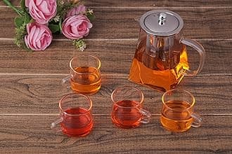 Borosilicate Glass Square Tea Pot with Heat Resistant Stainless Steel Infuser Perfect for Tea and Coffee Maker, Clear Glass Kettle with 4 Cups (550 ML, Square Kettle with Cups)