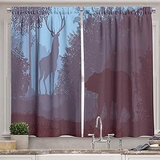 Ambesonne Cabin Kitchen Curtains, Grizzly Bear and Antler Mysterious Woodland Smoky Jungle Fauna Landscape, Window Drapes 2 Panel Set for Kitchen Cafe Decor, 55" X 39", Sky Blue Dried Rose