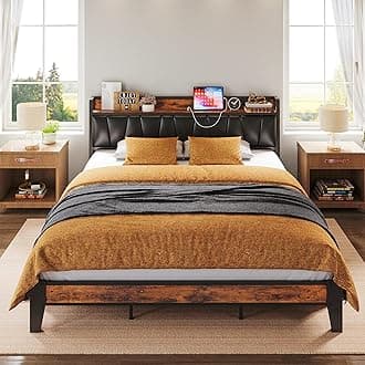 LIKIMIO California King Bed Frame, Storage Headboard with Charging Station, Solid and Stable, Noise Free, No Box Spring Needed, Easy Assembly (Vintage and Black)