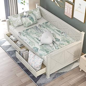 Bellemave Twin Size Daybed with Storage Drawers, Wooden X-Shaped Frame, Modern Rustic Casual Style (White)
