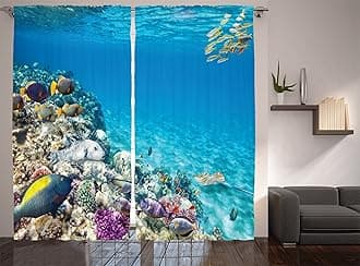 Ambesonne Ocean Curtains, Clear Underwater Sea Life Animal World Corals Tropical Fishes and Stingray, Living Room Bedroom Window Drapes 2 Panel Set, 108" X 84", Purple Aqua