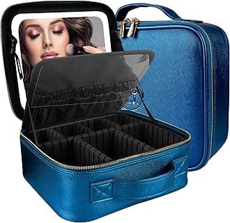 MOMIRA Travel Makeup Bag Cosmetic Bag Makeup Organizer Bag with Lighted Mirror, Adjustable Brightness in 3 Color Scenarios, Waterproof Makeup Train Case, Gift for Women - Phantom Blue