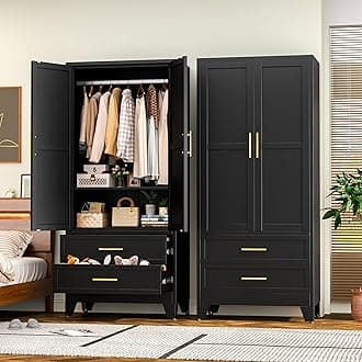 RIETERN Metal Armoire Wardrobe Closet, 71" Tall Bedroom Closet with 2 Drawers, Adjustable Shelves, and Hanging Rod, Steel Clothes Closets and Storage, for Bedroom Black