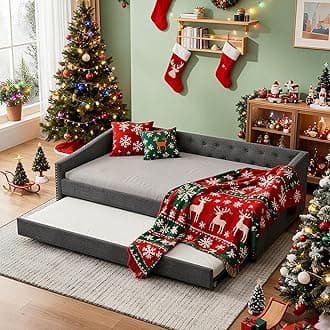 FAVSH Full Size Upholstered Daybed with Trundle,Tufted Sofa Bed w/Button on B...