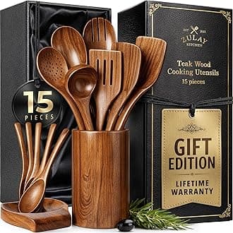 15-Piece Teak Wooden Utensils for Cooking - Natural Teak Utensil Set with Premium Gift Box - Non-Stick Wooden Spoons for Cooking - Kitchen Gift Set - Comfortable Grip Wooden Utensil Set