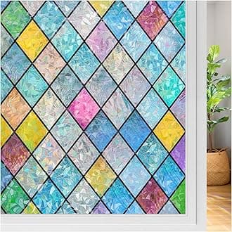 rabbitgoo Stained Glass Window Film Rainbow Film Decorative 3D Privacy Sticker Colorful Lattice Window Decals Cling, Sun Catcher Static Decals for Home 35.4"×118.1"