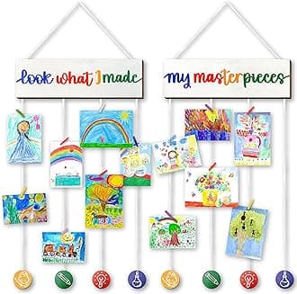 STOFINITY Kids Art Display for Wall - Children Artwork Display for Kids Art Hanger, Look What I Made Sign With Clips, Wood Hanging Child Picture, Artwork Storage Board for Bedroom Playroom Classroom