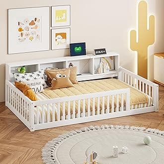 Kids Montessori Floor Bed with Bookcase,Twin XL Size Floor Bed with Charging Station,Floor Bed Frame with Guardrails for Kids,Floor Bed Twin XL with Storage for Girls,Boys,White