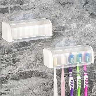 2 Pack 5 Slots Wall Mount Toothbrush Holder with Cover, Self Adhesive Toothbrush Storage Organizer for Shower, Toothbrush Hanger for Bathroom, Medicine Cabinet, Dorm