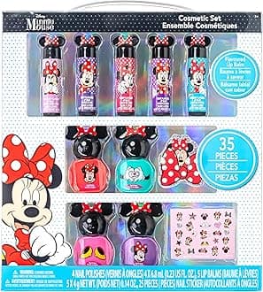 Minnie Mouse Cosmetic Makeup Set for Girls 3+ with Lip Gloss Nail Polish Nail Stickers - 11 Pcs for Parties Sleepovers Makeovers Birthday Gift