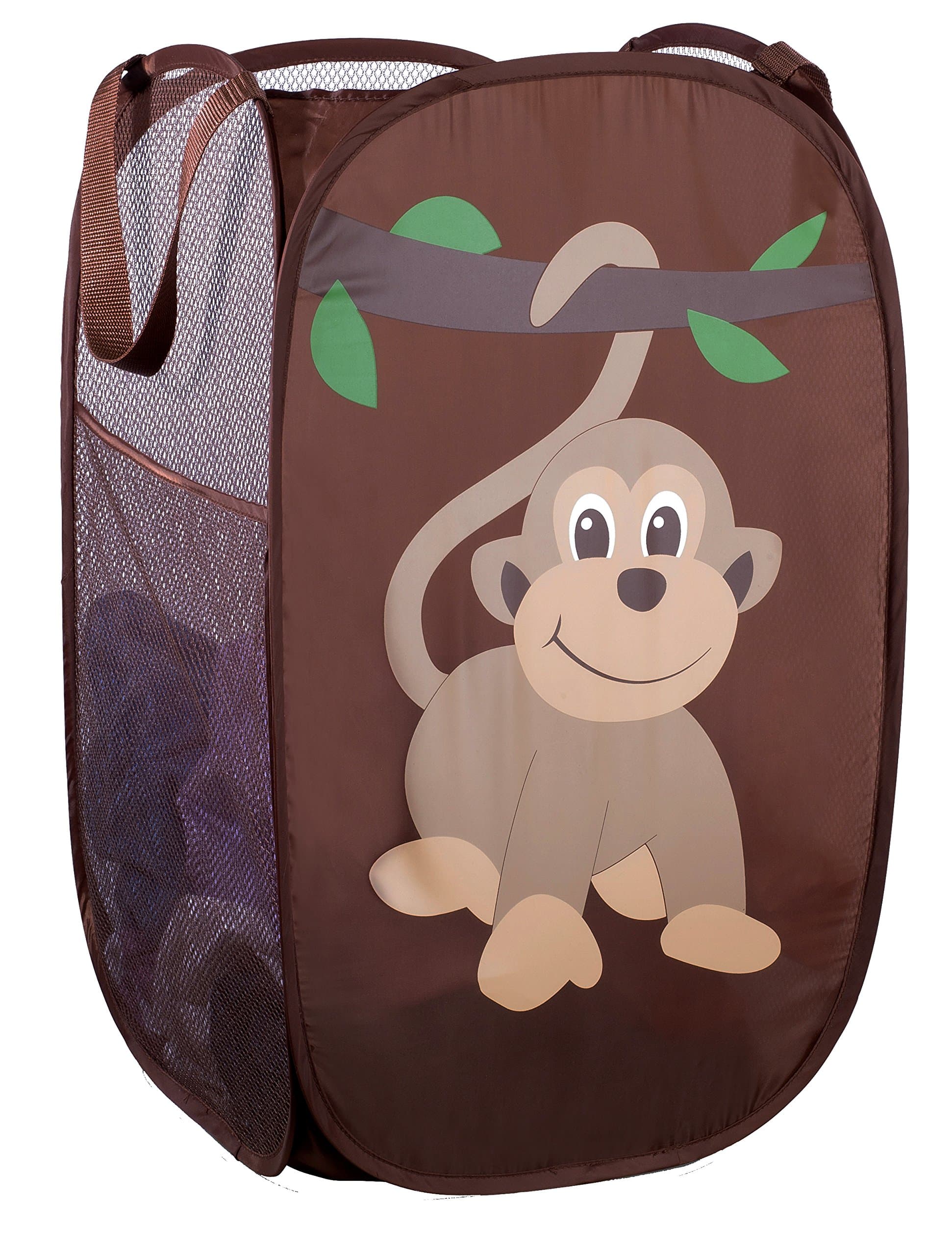 Collapsible Mesh Pop Up Laundry Hamper with Side Pocket – Breathable, Space-Saving, Foldable Basket for Clothes, Toys, Travel & Storage, 14 x 13 x 24 in, Monkey