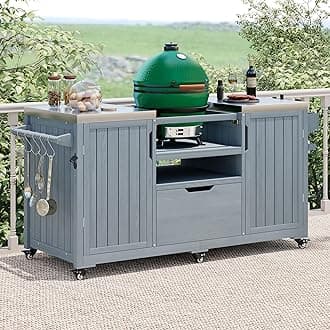 66.5" Outdoor Grill Cart with Storage, Movable Outdoor Kitchen Island with Stainless Steel Top & Wheels, Solid Wood BBQ Tables with Drawer/S-Hook/Bottle Opener for Outside Patio (Grey+Blue)