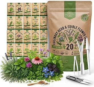 20 Culinary Herbs & Edible Flower Seed Variety Pack for Planting Indoor & Outdoors. 9500+ Non-GMO Heirloom Flower Seeds: Basil, Borage, Echinacea, Lavender, Oregano, Rosemary Seeds & More