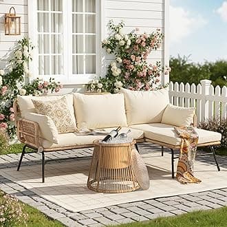 BULEXYARD 3 Pcs Boho Outdoor Patio Furniture Sets, L Shaped Natural Color Wicker Conversation Sectional Sofa w/Cozy Beige Cushion & Ice Bucket for Backyard, Porch, Deck, Garden, Balcony