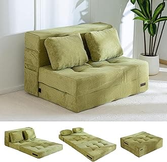 Convertible Sofa Bed, Fold Out Loveseat Sleeper Sofa with Pillow, 4 in 1 Tufted Folding Couch Bed Foam Floor Couch, Lazy Chair for Living Room Bedroom Guest Room, Green