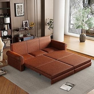 93.7" Pull Out Sofa Bed King Size with Pillows,3-in-1 Convertible Sleeper Couch with Nails Trim,PU Leather 3 Seater Sofabed for Living Room,Light Brown