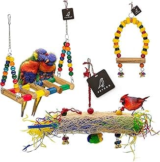 PETZOO Bundle of 3 Cage Accessories Includes Crinkle Shredder, Bird Swing & Bird Perches