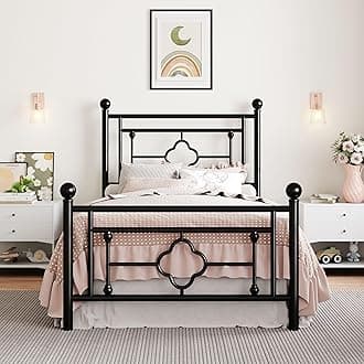 SHA CERLIN 14 Inches Twin Size Metal Platform Bed Frame/Vintage Iron-Art Headboard and Footboard/Mattress Foundation for Storage/No Box Spring Needed/Noise-Free/Easy Assembly/Black