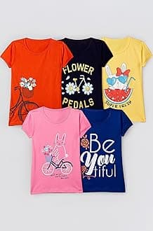 T2F Girls Cotton Printed Regular Fit T-Shirt (Pack of 5)
