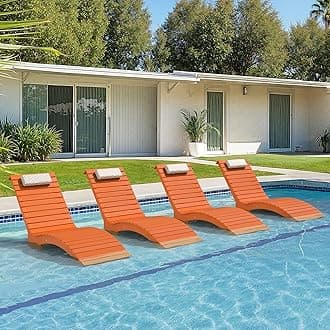 Pool Lounge Chairs Outdoor Set of 4，HDPS Long Pool Chairs for in Pools, Weighted All Weather Tanning Chair with Headrest，Chaise Lounge for Outside Beach Patio Sun Bathing Hotel, Orange