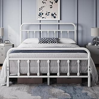 Yaheetech 4ft6 Double Bed Frame Vintage Iron Platform Bed with High Headboard and Footboard, Strong Metal-Framed Bed with Storage White