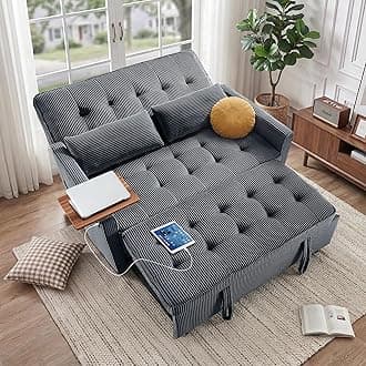 Sleeper Sofa Bed, 53‘’ Convertible Pull Out Couch with Small Table| USB Port | Side Pockets | Corduroy Fabric | Adjustable Backrest for Apartment, Office, Bedroom, Guest Room