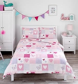 Bloomsbury Mill - Hearts & Butterflies Bed Linen 200 x 200 cm for Children - Double Bed Bedding Set for Girls - Pink & Purple Reversible Bedding and 2 Pillowcases Set