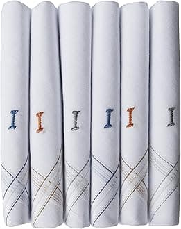 Caruso Italy Men's Initial Monogram (A-Z) Embroidery 100% Pure Cotton Handkerchief White Base With Colored Border - Pack Of 6