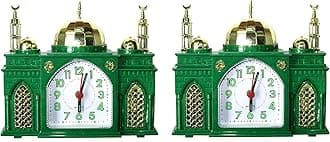 Mosque Shaped Alarm Clock Battery Mosque Clock Plays Islamic Muslim Azan Call to Prayer + Bell White Green Blue Pink Choose Single Pair or 4 Pack (Pair: Green)