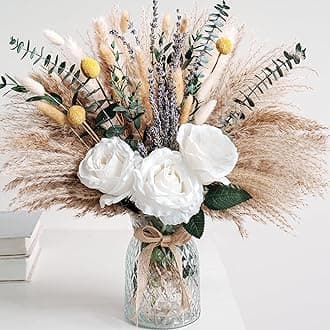 Elegant Dining Table Centerpiece Decor – Faux Flower Arrangement in Vase with Pampas Grass, White Roses, and Eucalyptus – Artificial Floral Decor for Dining Room Table, Kitchen, and Living Room