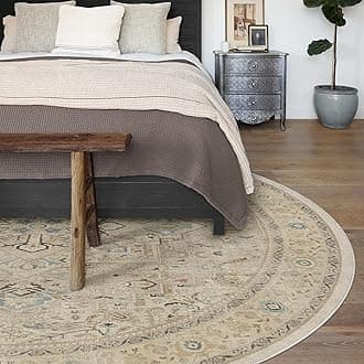 RUGGABLE Washable Vintage Area Rug – Kamran Ivory Opal 8 ft Round, Stain-Resistant, Non-Slip – Large Machine Washable Rugs for Living Room, Bedroom, Hallway, Entryway & Office–with Standard Pad