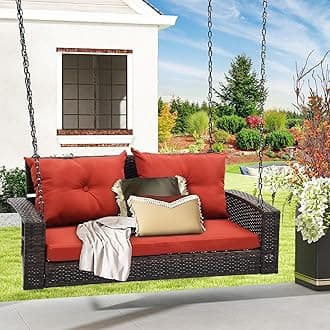 DWVO Hanging Porch Swing Chair Outdoor Wicker Rattan Patio Swing Lounge 2 Seats Cushions Capacity 530lbs for Balcony, Garden, Living Room, Brown Rattan Red Cushion