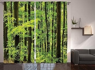 Ambesonne Mountain Curtains, Spring Foliage Beech Forest Fresh Morning View in The Mountains Image, Living Room Bedroom Window Drapes 2 Panel Set, 108" X 84", Tan Green