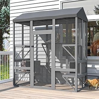 Catio Outdoor Cat Enclosure, Large Cat House for Mulitiple Cats Walk in Cat Cage with Waterproof Cover and Sunshine Panel Roof, Feral Cat Shelter with 7 Platforms and 2 Resting Box, 72 inch