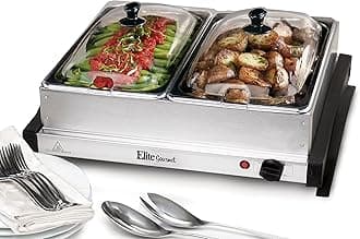 Elite Gourmet EWM-6122FFP Dual Buffet Server Food Warmer, Adjustable Temp, For Parties & Holidays, 2 x 2.5Qt Buffet Trays with Slotted LidsStainless Steel