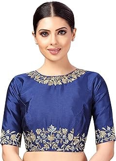 Studio Shringaar Women's Readymade Art Silk Embroidered Saree Blouse with Elbow Length Sleeves