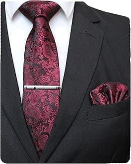 Mens Solid Color Paisley Necktie and Pocket Square with Tie Clip Sets